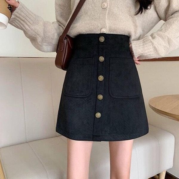 Saias 2023 Spring Autumn Women Deerskin Velvet Salia Plus Tamanho 4xl High-Waist Ladies Black Bag Hip-Line com bolsos aq086