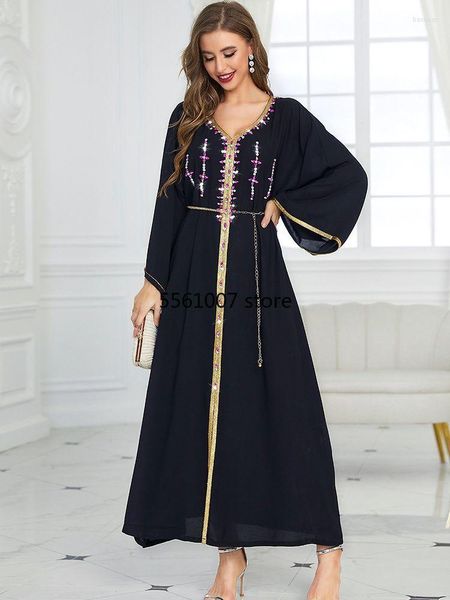 Abbigliamento etnico Ramadan Black Abaya Dubai Turchia Islam Kaftan musulmano Abito modesto Robe Djellaba Femme Abiti da sera per le donne Vestido