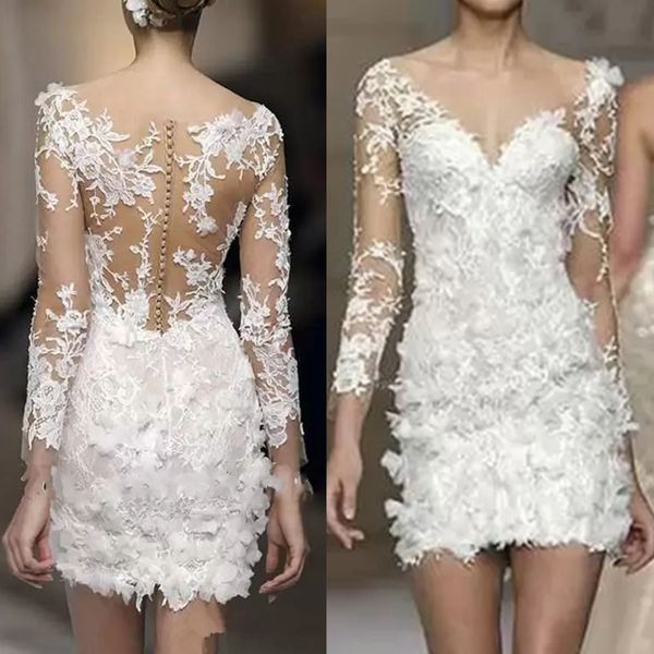 3D Floral Boho Kılıf Gelinlik Uzun Kollu V yaka Kısa Plaj Dantel Aplike Bahar Yaz Gelin Resepsiyonları Ülke Vestido De Novia