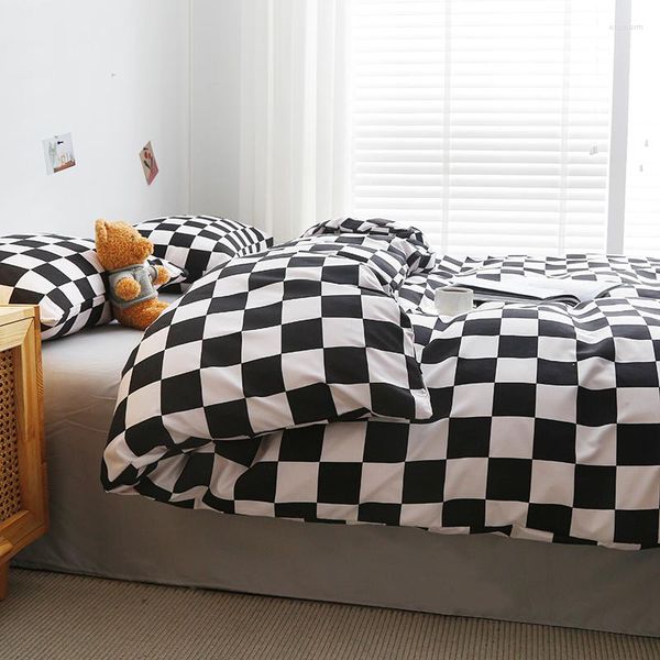 Bettwäsche-Sets in 5 Größen erhältlich! Bettwäsche-Set mit schwarz-weißem Karomuster, 1 Stück Bettbezug, graues Bettlaken 1/2 Kissenbezüge M013