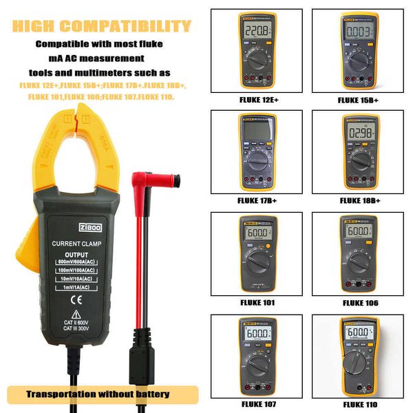 Ziboo I600E 600AMP CORNT CORVE CLAMP 4MM BANANA Plug per strumenti di misurazione multimetri/MV Sostituzione perfetta per Fluke I400E