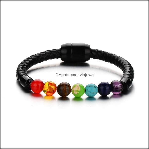 Artes e artesanato Moda Leather Lava Chakra Stone Stone Breads Braceleget Bracelets Bracelets de aço inoxidável preto para dhmkx