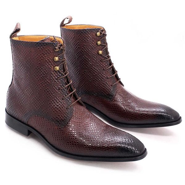 Sapatos sociais de luxo masculinos botins de couro de vaca real padrão de cobra estilo de rua