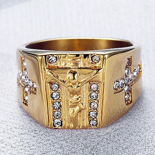 Eheringe US-Größe 6 bis 15 Kubikzirkonia Kreuz Jesus Ring für Männer Frauen Goldfarbe Edelstahl Religiöser Gebetsschmuck R713G