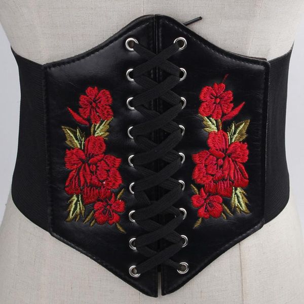 Cinture Cintura da donna nera ricamata Fiore Corsetto in vita floreale Bella cintura elastica elasticizzata Ampia pelle PU con lacci sottile