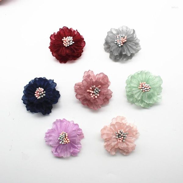 Flores decorativas 10pcs 4cm Moda de cetim chiffon para acessórios para cabelos diy tecidos flor de buquê de casamento de casta