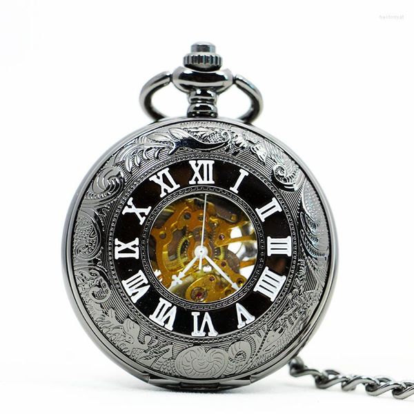 Pocket Watches Three Colors Vintage Skeleton Mechanical Graved Numbers Roman Watch With Fob Chain Gifts