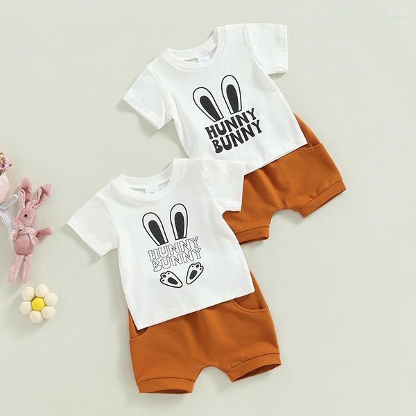 Kleidungssets 2023-11-18 Lioraitiin 0-18 Monate Baby Jungen Ostern Kurzes Set Ärmel Buchstaben Kaninchen Print T-Shirt mit elastischen Taillenshorts