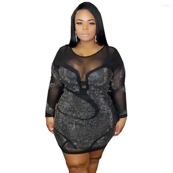 Abiti taglie forti XL-5XL Abbigliamento donna Sexy strass Mesh See Through Bodycon Party Club Mini abito Clubwear Gonna oversize