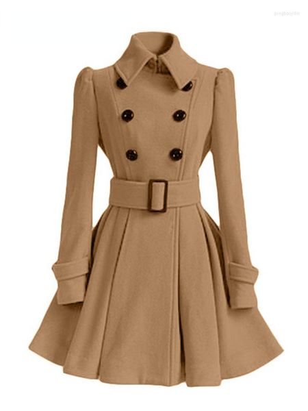 Trench da donna Autunno e inverno 2023 Cappotto di lana da donna con volant sottile Giacca antivento con fibbia per cintura Giacca a vento di lana