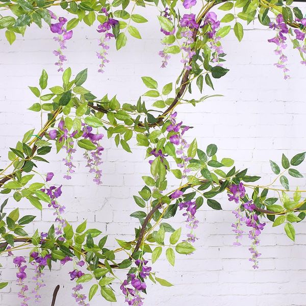 Flores decorativas 1.8m Wisteria Artificial Vine Garland Wedding Arch Decoration Plants Fake Folhagem Rattan, traseira parede de hera falsa