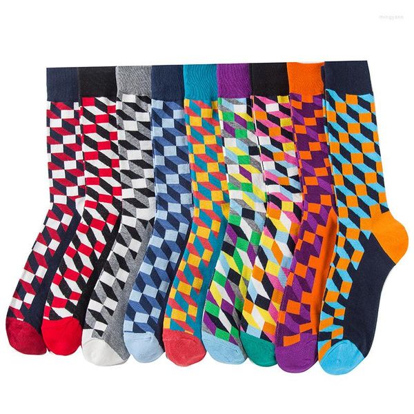 Herrensocken 2023 European American Fashion Dynamic Color National Tide Wild Herren Square Diamond Medium Long Tube Baumwolle 1 Paare