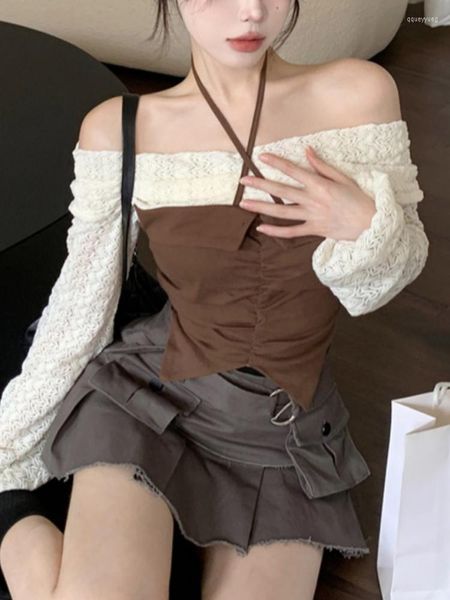 Damenblusen Korejepo Off Shoulder Splice Strickoberteil Damen Herbst Winter 2023 Sexy Spice Style One Short Long Sleeve Tops