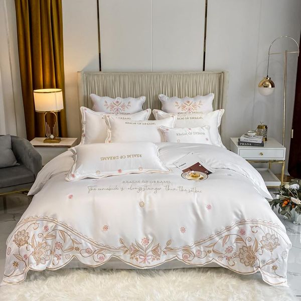 Set di biancheria da letto Serie Princess europea Ricamo in cotone di lusso Rosa Bianco Set Copripiumino Copriletto Federe in lamiera piana #/