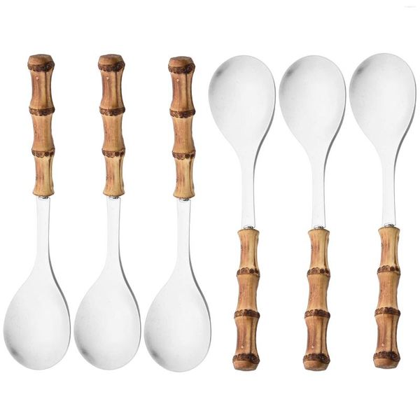 Conjuntos de utensílios de jantar 6pcs maçaneta de madeira salada de servir sperk conjunto de aço inoxidável tabela de mesa comprida colher colher de ouro prateado