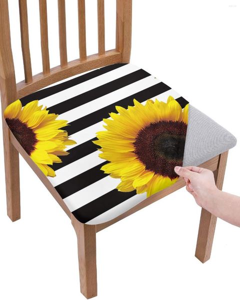 Stuhlhussen, schwarz-weiß gestreift, Sonnenblumen-Sitzkissen, Stretch-Esszimmerbezug, Schonbezüge für Zuhause, El Bankett, Wohnzimmer