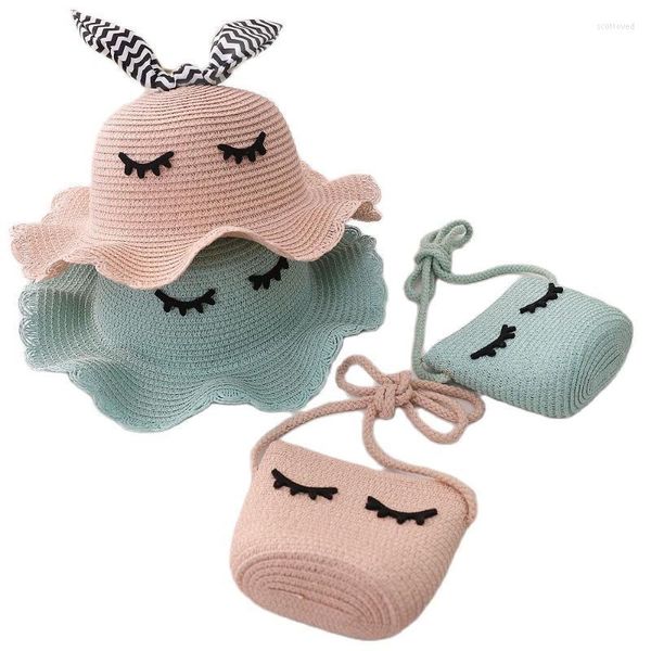 Chapéus largos da borda Crianças de verão Baby Casual 2pcs A Sets Straw Hat and Bags Girl Girl Sun dobrável Panamá Caps Scot22