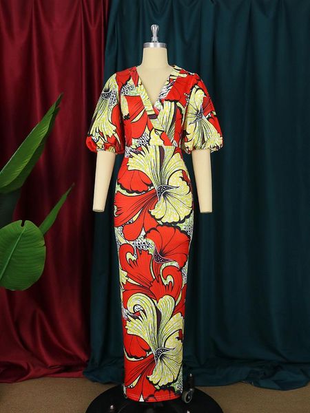Платья для вечеринок Vintage V-образный фонарь рукав Maxi vestido Summer Elegant Boodycon Print