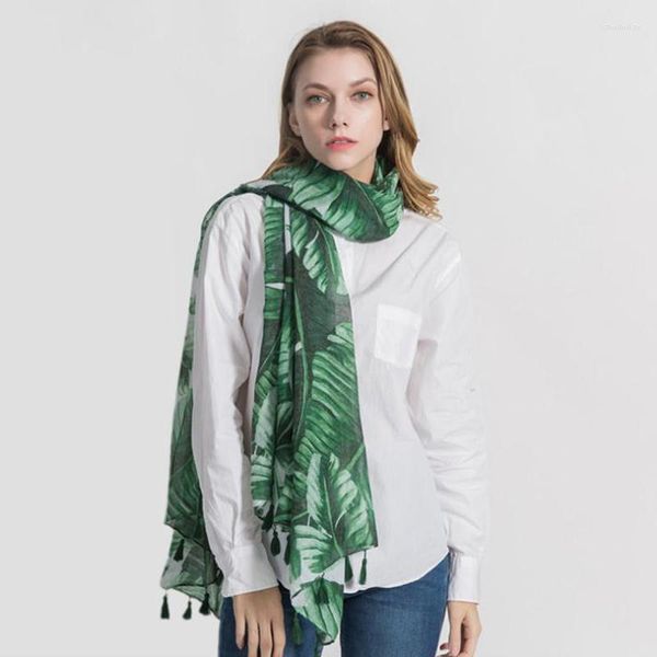 Шарфы прибывают женщины, подорожные, зеленый шарф, с кисточками мягкие хлопчатобумажные листья печатные теплые платки обертывание хиджаба глушитель