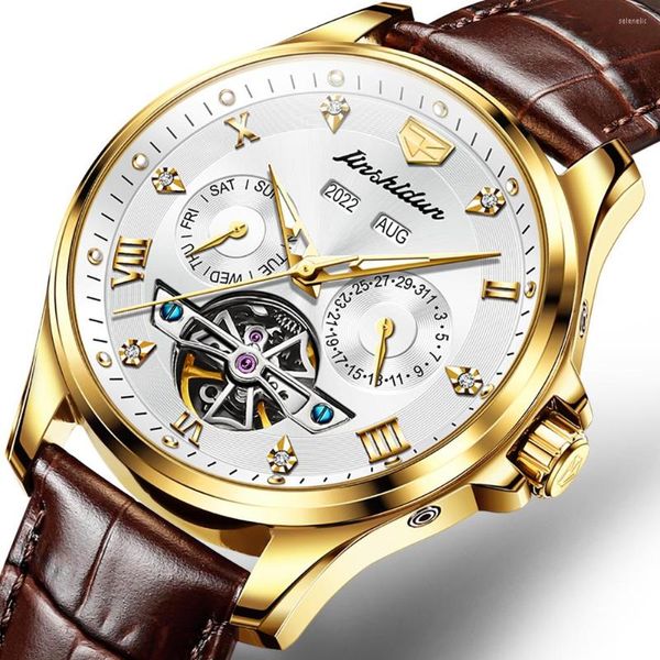 Orologi da polso Top Brand Orologio automatico originale da uomo Skeleton Tourbillon Impermeabile Day Date Cinturino in pelle luminoso Set regalo da polso