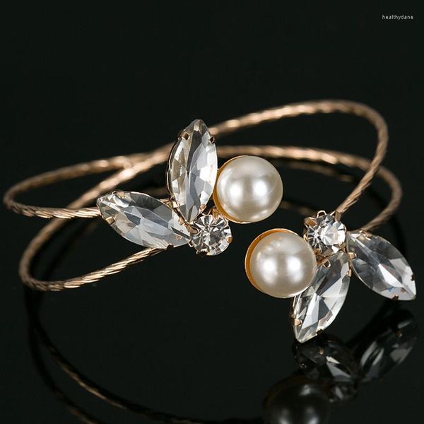 Bangle Jewelry Gold Color Crystal Charm Bracelets Bangles Pulseiras Pearl Rhinestone For Women B077