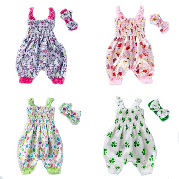 Giorno di San Patrizio Giorno di Pasqua Neonate Tute Fascia per capelli Set di abbigliamento Copertura per pannolini per bambini Pantaloncini per neonati Pagliaccetti con volant Bloomers