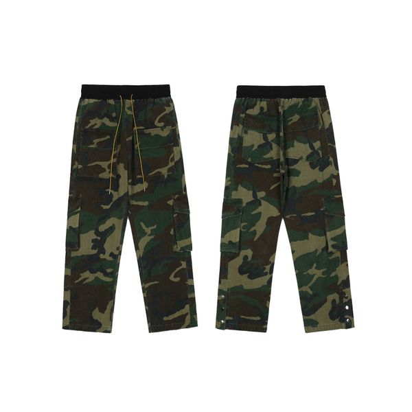 2023 Новые мужские штаны Северная Америка Хай -стрит бренд Rhude Fashion Camouflage плавающая веревка много карманная рабочая одежда кнопка повседневная прямая.