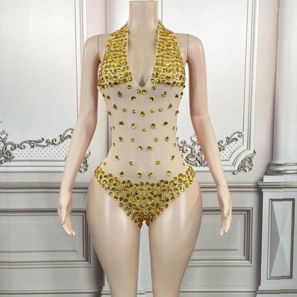 Stage Wear Lussuoso strass Body Sexy See Through Halter Backless Dance Body Performance Costume Nigthclub Outfit