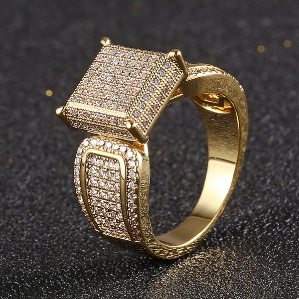 Hip Hop CZ Zircão Cúbico Anel de Dedo Iced Out Amarelo Ouro Branco Bling CZ Anéis de Diamante para Mulheres Homens Namorado