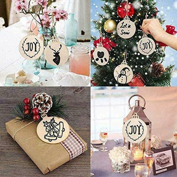 Decorações de Natal 100pcs redondo fatias de madeira ornamentos círculos de artesanato formas de árvore de natal de natal Diy decoração de árvores penduradas