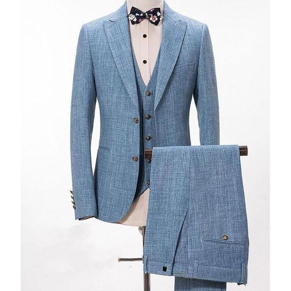 Ternos masculinos Blazers claros linho azul -céu masculino para casamentos bandos de baile de 3 peças com lapela slim fit man jacket calça calça de cintura