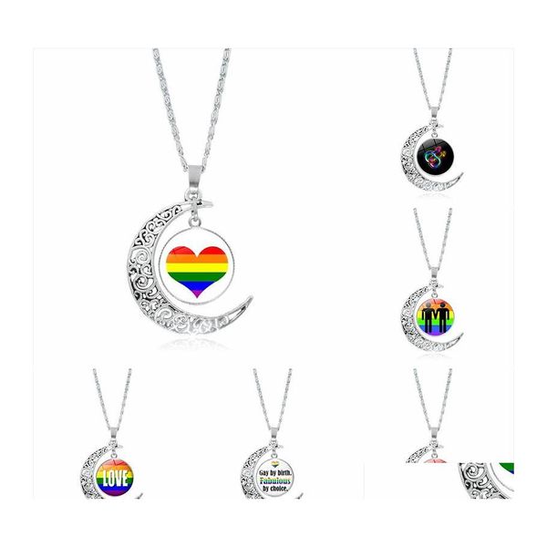 Collares pendientes Rainbow Lgbt Gay Pride Moon Collar para Mujeres Hombres Love Glass Cabochon Chains Joyería de moda Regalo Drop Delivery Pe Otrcf