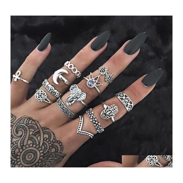 Anelli a grappolo 10 stili Bohemian Antique Sier Set per donna Retro Mano di Fatima Elefante Fiore Ankh Crescent Midi Knuckle Finger R Otv5Q