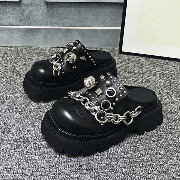 Pantofole da donna estate muli da 5 cm Piattaforma in pelle Punk Hip-Hop Metal Decorative Chains Femmina Slier Black Black Black