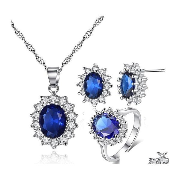 Orecchini Collana Fashion Blue Crystal Stone Set di gioielli da sposa Brides Sier Color Suit For Women Drop Delivery Set Ot1Sm