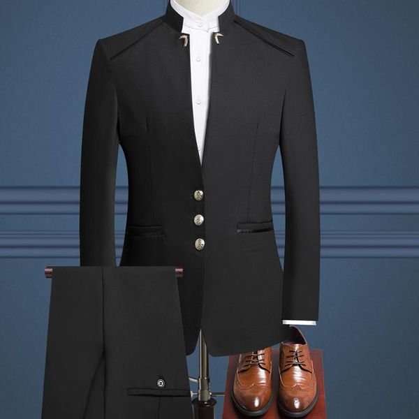 Erkekler takımları blazers 2 adet siyah düz renkli nostaljik kıyafetler zhongshan takım elbise ayağa