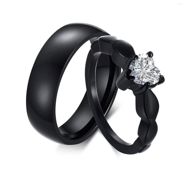 Anéis de casamento Love Heart Cz Stone Casal For Mull Men Men Black Color Standless Aço Bandas de noivado Presente de aniversário de jóias