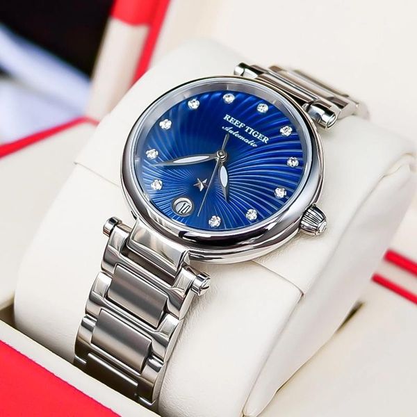 Kol saatleri Reef Tiger/RT 2023 Moda Bayanlar Mavi Dial Steel Bilezik İzle Saatler Safir Cam Otomatik Mekanik Kadınlar için