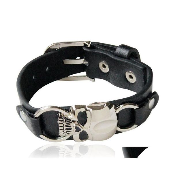 Bracelets de charme Trendy Mens Bike Leather Bracelet Europe Europa Punk Vintage Black Wide Skl Skeleton para Men S Jewelry Drop Deliver