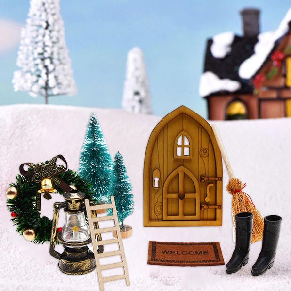 Decorações de jardim Gnome Door Set Sculpture Secret Papai Noel com 9 Acessórios Móveis Móneamente Doll House Modelo