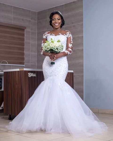 Luxus Afrikanische Nigeria Meerjungfrau Brautkleider Perlen Perlen Lange Ärmel Braut Formale Kleider Moderne Elfenbein Plus Größe Brautkleid 2023 Vestido de Novia