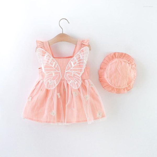 Abiti da ragazza Summer Baby Gril Dress Cute 2pcs Butterfly Wings Bretelle in pizzo Solid Patchwork Mesh Hat Clothes 0-24M