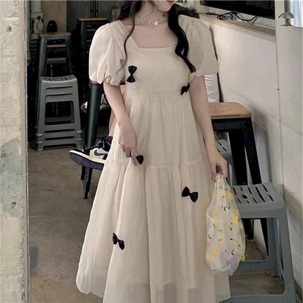 Abiti casual Fonekie Large Size French Vintage Gentle Dress Long Summer Sweet Bow Manicotto a sbuffo Fairy Skirt Party Women Evening 2023
