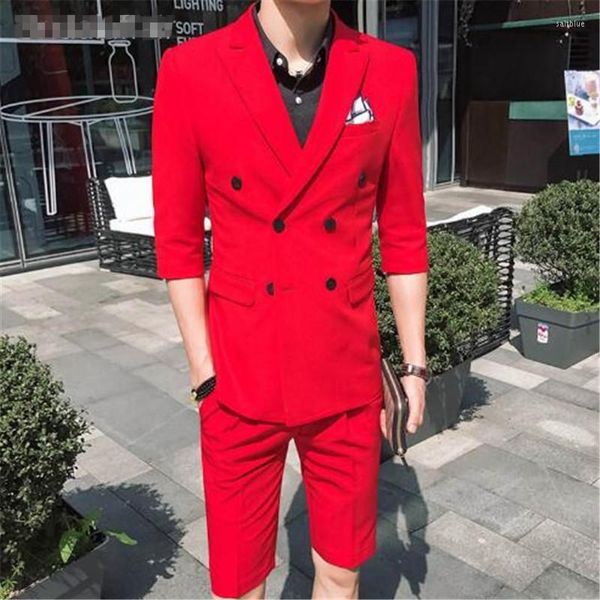 Ternos masculinos 2023 Chegada Red Men com calças curtas 2 peças (jaqueta gravata de calça) Prom de casamento estilo casual slim noivo smokings blazer 575