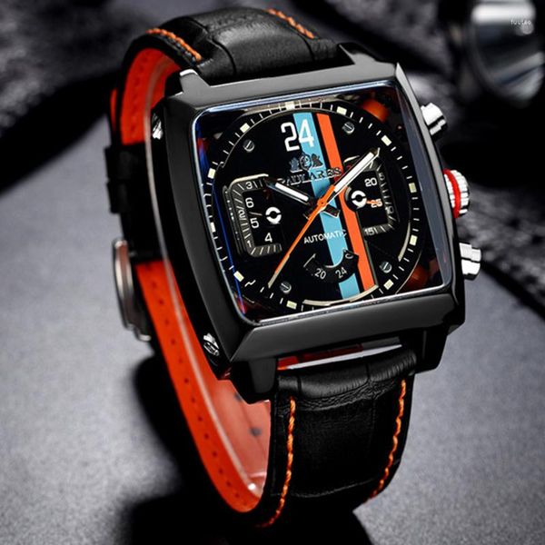 Нарученные часы Автоматические часы мужчины квадратные механические часы черные спортивные многофункциональные часы самостоятельные кольцо мужские роскошные.