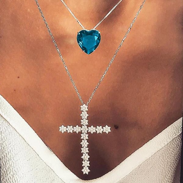 Anhänger Halsketten Ozean Herz 2 Schichten Kreuz Blau Strass Halskette Charme Multi Kette Choker Frauen Mädchen Hals Schmuck Geschenk 2023Anhänger