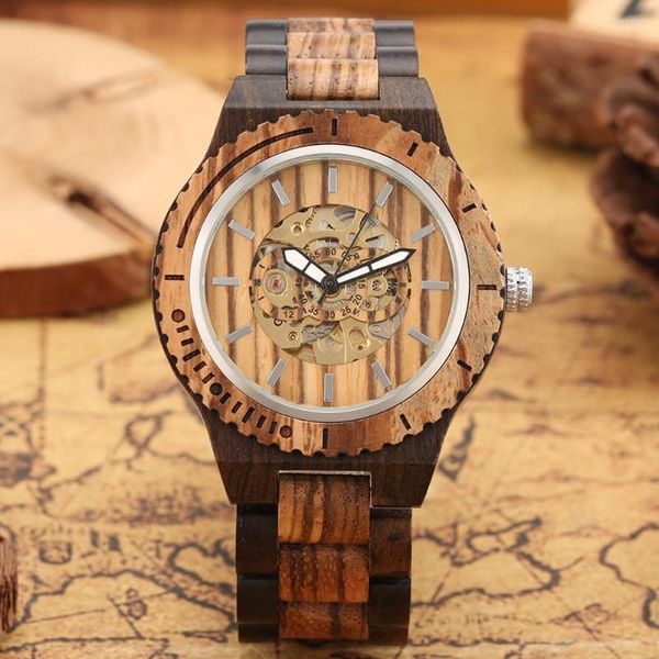 Armbanduhren Ebenholz Holz mechanische Uhren für Männer Full Strap Herren Automatikaufzug Uhr Hohlwerk Zifferblatt Armbanduhr Uhr Box