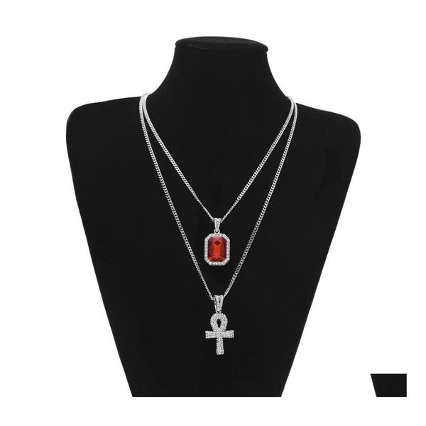 Anhänger Halsketten Iced Out Ägyptischer Ankh Schlüssel des Lebens Halskette Set Bling Kreuz Mini Edelstein Gold Sier Kette für Herren Hip Hop Schmuck Otxdv