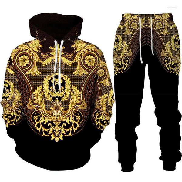 Menina de pilotos de tracksuits barrocos com capuz/terno de luxo masculino flor de ouro 3D Sorto de moletom estampado