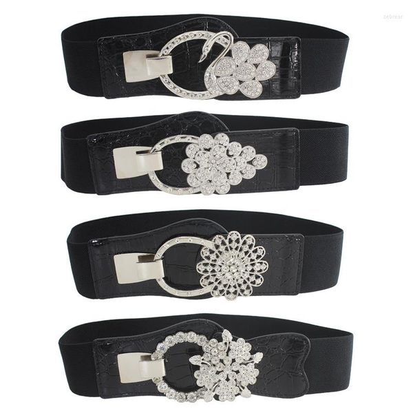 Cinture 5cm Cintura larga elastica nera Cintura a forma di fiore con borchie di diamanti Cintura con fibbia Abito da donna alla moda Vita decorativa